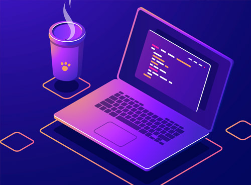 Laptop mit Code und Kaffee nebenbei