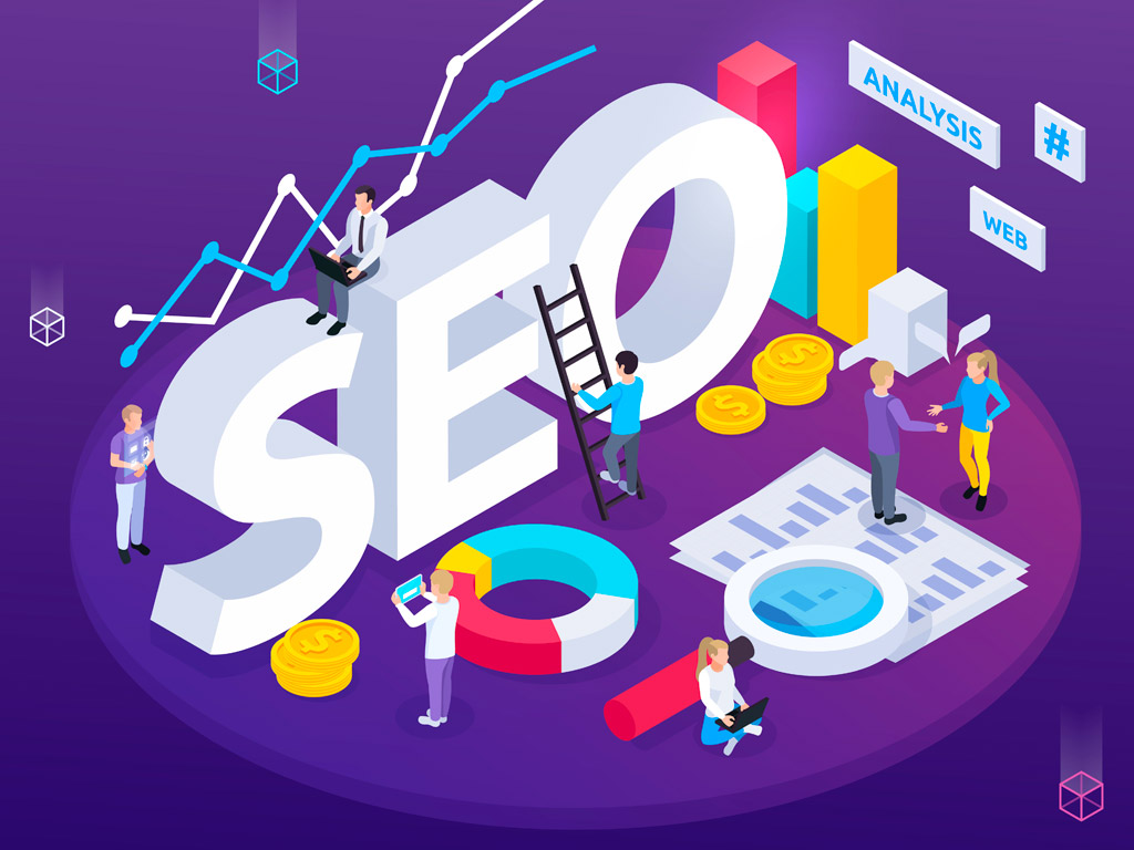 SEO, Analysis, Web, Menschfiguren, Kreisdiagramm, Münzen, Lupe